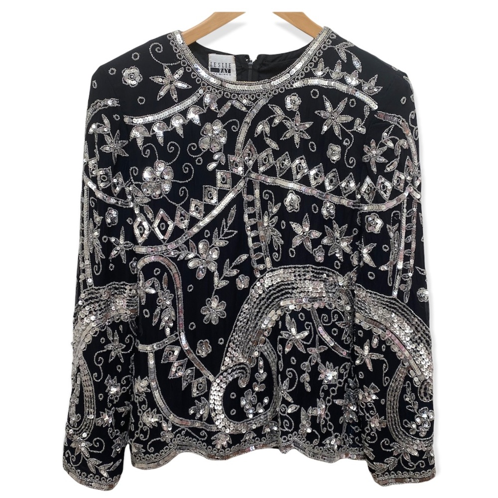 Vintage Leslie Fay Sequin Long Sleeve Evening Blouse Size M